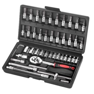 Wopeite Socket Set Kit 46 Piece Socket Wrench Set 1/4 Inch Drive Ratchet Set Chrome Vanadium Tools Set Cr-V Mechanic for Car