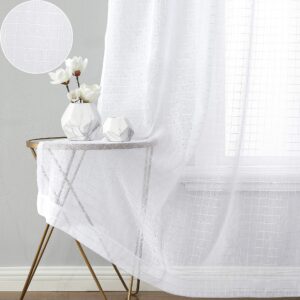 Beauoop White Sheer Curtains Check Plaid Grid Pattern Drapes 95 Inch Semi Sheer Voile Linen Textured Eyelet Top Window Treatment Sets for Living Room Bedroom Farmhouse