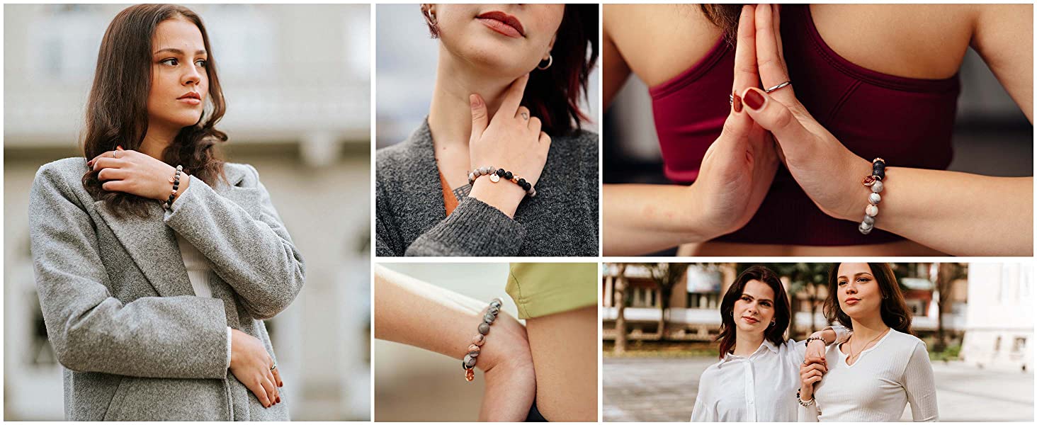 girl in a coat wearing aura lava rock pink bracelet, girl meditating with beaded bracelet