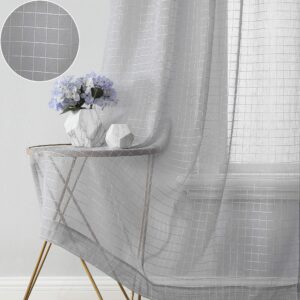 Beauoop Grey Sheer Curtains Check Plaid Grid Pattern Drapes Light Filtering Sheer Voile Linen Textured Grommet Top Window Treatment Sets for Living Room Bedroom Farmhouse