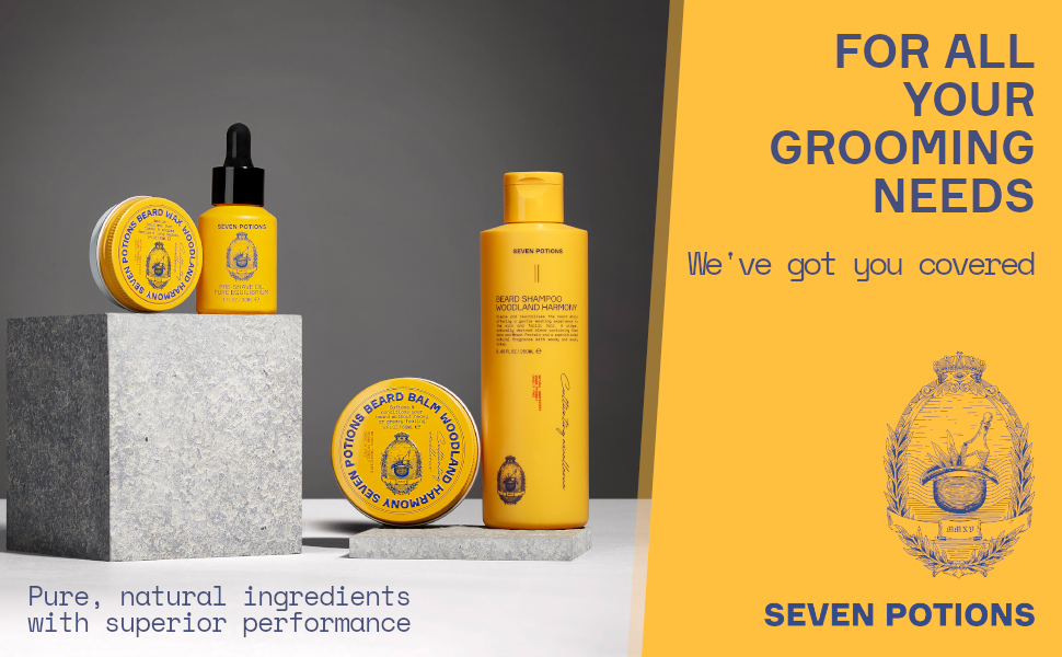 for all your grooming needs we've got you covered seven potions pure all natural ingredients beard