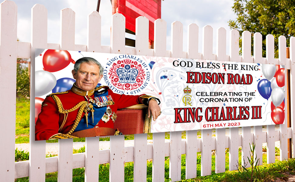 Personalized king's coronation day banner backdrop background blue red white