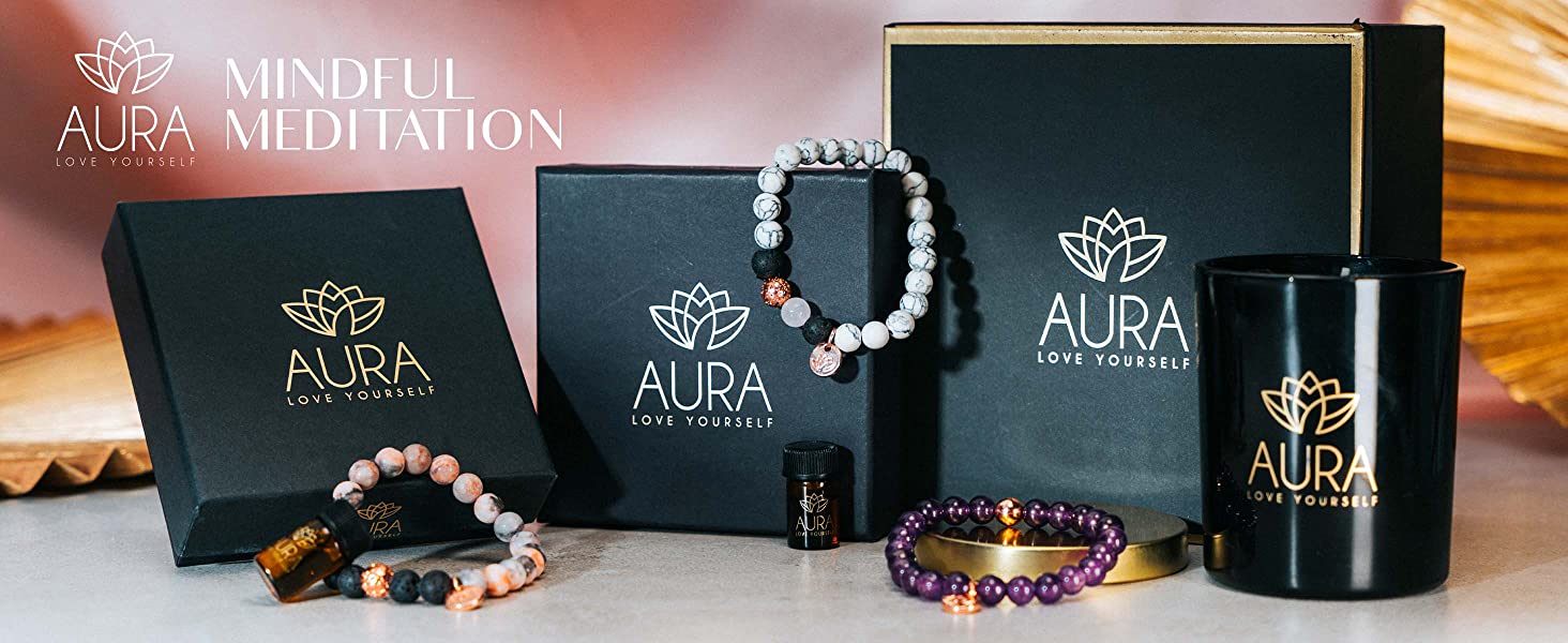 aura bracelets, candles and essential oils on a set, gemstone, ametyhst, lava rock, howlite, beaded