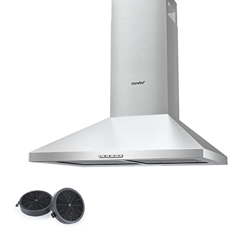COMFEE' 60 cm Chimney Cooker Hoods Class A+ Stainless Steel Extractor Hood with LED and Recirculating & Ducting System Wall Mounted Hood 600 mm with Carbon Filters            [Energy Class A]