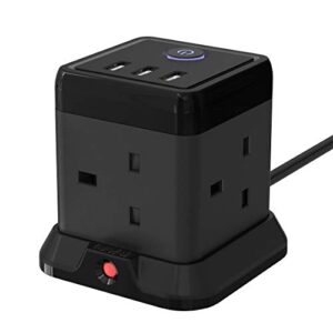 Cube Extension Lead with 3 USB Slots 13A 3250W Hulker 4 Gang Plug Extension Socket with Switch 4 Way Power Strip with 3 USB Port 1.5M Extension Cord Black for Home Dorm Office Travel