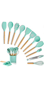 Wooden Silicone Cook Utensils Kitchen Set, Heat Resistant, Tongs, Spatula, Spoon, Brush, Whisk