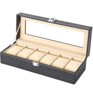 Readaeer Watch Box for 6 Watches Box Storage with Glass Top Black PU Leathe