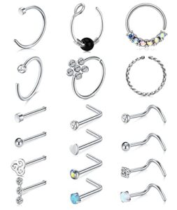 Crdifu Silver Nose Studs Rings Hoops Set 20G Stainless Steel Nose Screw L Shaped Piercing Jewellery