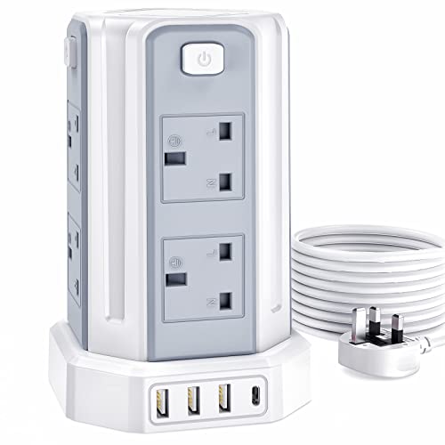 Tower Extension Lead with USB Slots 5M Multi Plug Extension 8 Outlets and 4 USB (1 Type C & 3 USB Ports) [13A 3250W] Surge Protector Extension Lead with Widely Spaced Outlets for Home