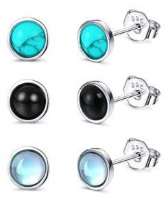 Finrezio 3 Pairs 925 Sterling Silver Moonstone Stud Earrings Natural Round Gemstones Earrings for Women Moonstone Earrings Turquoise Black Stud Earrings Hypoallergenic 4MM