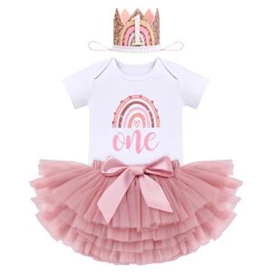 FYMNSI Boho Rainbow First Birthday Outfit for Baby Girl Cake Smash Photo Shooting Romper Tutu Skirt Headwear 3pcs Se