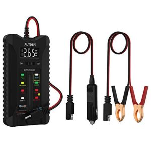 AUTDER Digital Battery Tester 12V 24V Voltmeter Alternator Charging System Analyzer with LCD Display LED Indication Clamps cable and Cigarette Lighter Cable for Voltage Tes