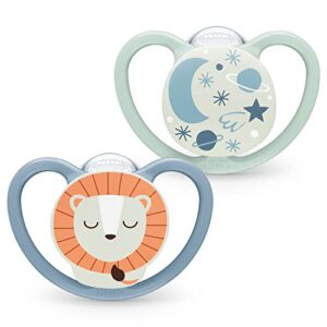 NUK Space Night Baby Dummy | 18-36 Months | Glow-in-The-Dark Soothers with Extra Ventilation for Sensitive Skin | BPA-Free Silicone | Lion & Moon | 2 Cou