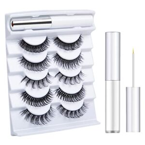 Lanciley False Eyelashes with Eyelash Glue 5 Pairs Russian Strip Lashes D Curl Wispy Fluffy Fake Eyelashes 3D Effect Reusable Natural 5 Styles Eye Lashes White Lash Adhesive Waterproof Strong Hold