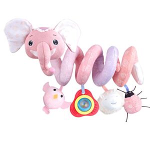 yusvwkj Pram Toys for Babies Spiral Toys with Music Box Car Seat Toys with Rattles Crib Sensory Toy with Fun Mirror for Newborn Infant Boys Girls Pink Elephant Doll