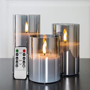 Eywamage Silver Grey Glass Flameless Flickering Candles with Remote