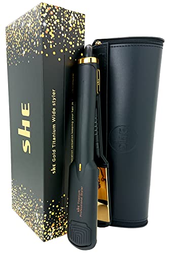 SHE Titanium Gold Wide Hair Straighteners and Travel Pouch