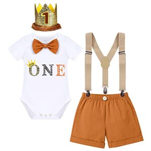 FYMNSI Baby Boy Jungle Safari Theme 1st / 2nd Birthday Cake Smash Outfit Cotton Bow Tie Romper T-shirt Suspenders Shorts Headwear 4pcs / 3pcs Se