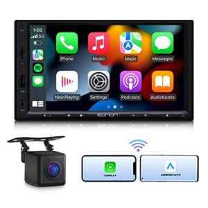 eonon 7 inch Car Stereo Wireless CarPlay Android Auto Bluetooth 5.0 DSP EQ USB Radio Support Quick charge/MirrorLink/Phonebook/Video Input Output/AUX IN Double Din Linux Headunit+Backup Camera X2