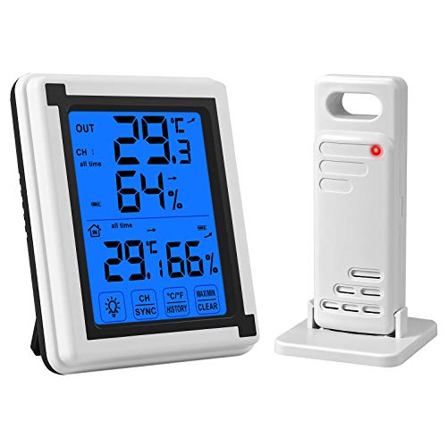 CAMWAY Digital Wireless Hygrometer Indoor Outdoor Wireless Thermometer With Touch LCD Remote Sensor Backlight Temperature Humidity Monitor for Home Office Greenhouse