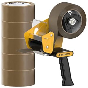 BLOSTM Tape Gun & Strong Packing Tape 6pcs - Brown Parcel Tape Dispenser for Packing Boxes - with 6 Rolls of Brown Packing Tape Strong for Moving House
