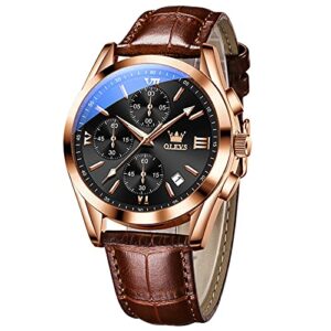 OLEVS Watch for Men Chronograph Brown Leather Strap Classic Fashion Analog Quartz Big Dial Casual Waterproof Luminous Wrist Watches