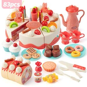 83 PCS Cutting and Decorating Birthday Cake Pretend Toys Role Play Food Sets for Children Kids