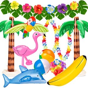 Whaline 31pcs Hawaiian Party Toys Set Inflatable Flamingo Palm Trees Beach Ball Banana Dolphin Parrot with Palm Leaves Hibiscus Leis Luau Flower Necklace for Hawaii Summer Beach Pool Party Supplies