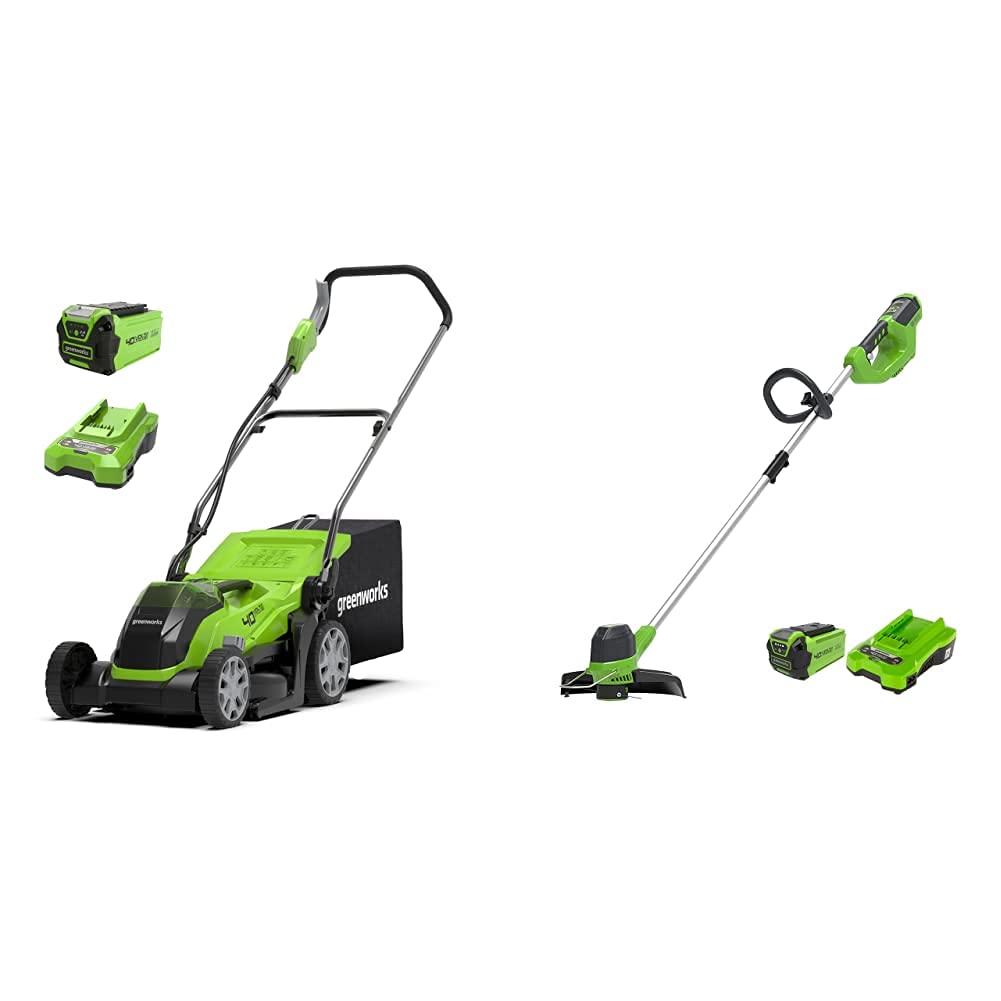Greenworks Battery-Powered Lawnmower G40LM35K (Li-Ion 40V 35cm Cutting Width Up to 200m² Mowing Area) & Battery Lawn Trimmer G40LTK2 (Li-Ion 40 V 30 cm Cutting Width 7000 RPM)