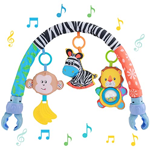 Baby Arch Pram Play Toys - Clip on Cot Activity Bar Musical Sensory Hanging Crib Arch Mobile Toys with Rattle Babies Travel Play Arch Stroller for Newborn Toddler 0-24 Month