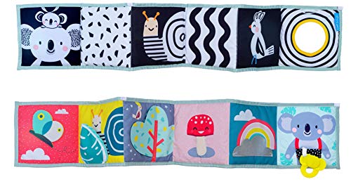 Taf Toys Koala Clip on Pram Book. Double-sided Tummy-time Sensory Soft Baby Book + Teether & Baby-safe Mirror. One Side Black & White. One Brightly Coloured. Suitable for Baby Boys & Girls from Birth