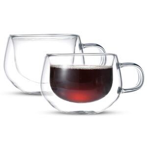 ANSIO® Double Walled Thermo Coffee Mugs 225ml Food Grade Double Wall Glass Cappuccino Mug with Handle Lightweight and Durable Borosilicate Glass Pack of 2 - Ideal for Clear Mug for Hot and Cold Drinks