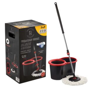 Requisite Needs Smart mop cleaning set – Black edition – Anti-splashing Strong And Sturdy Material – Easy Floor Moping System – 1x Bucket + 3 Replacement Mop Heads – 13 Liter (Mop + Bucket)