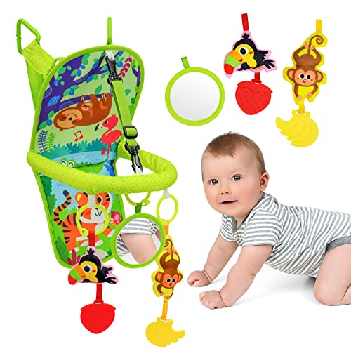 OKOOKO Car Seat Toy Car Seat Activity Arch Toy Rear Facing Car Seat Toy Jungle Style with Mirror Squeaker Teethers Adjustable Easy Drive Non-Toxic Travel Sensory Toy for Infant Baby 6-12 Month