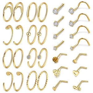 AllerPierce 30Pcs 36Pcs 20G Nose Rings Set Silver Gold CZ Bone Screw L Shaped Nose Studs Pin Tragus Cartilage Nose Ring Hoop Stainless Steel Nose Piercing Jewelry for Women Me