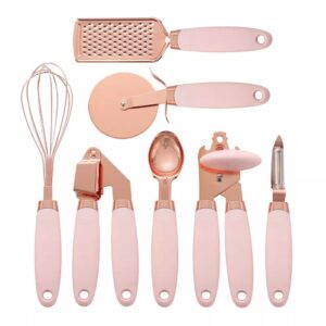 7 Piece Rose Gold Kitchen Utensil Set Easy to Clean Stainless Steel Cooking Tools Hanging Hooks for Storage Soft Touch Handles Heat Resistant Non-Stick Pink