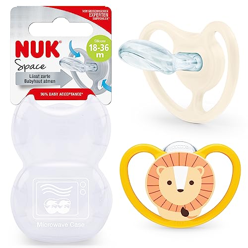 NUK Space Baby Dummy | 18-36 Months | Soothers with Extra Ventilation for Sensitive Skin | BPA-Free Silicone | Lion & Sun | 2 Cou