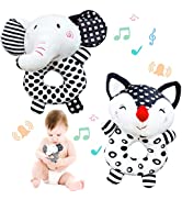 Funsland Baby Sensory Rattle Toys 0-6 Months - 2Pcs Black and White Soft Rattles Plush Animal Toy...