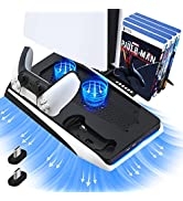 Black PS5 Stand with Cooling Fan and Dual Controller Charger Station, Charging Dock Holder PS5 Ac...