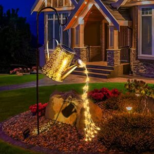 Solar Watering Can Lights Garden Ornaments - Waterproof Copper Outdoor Sculptures Ornament Star Led Fairy Art Decorative Lamp Hanging Yard (with Bracket)
