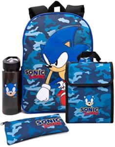 Sonic The Hedgehog Backpack And Lunch Box Set For Kids | Girls Boys Navy Camo 4 Piece Rucksack