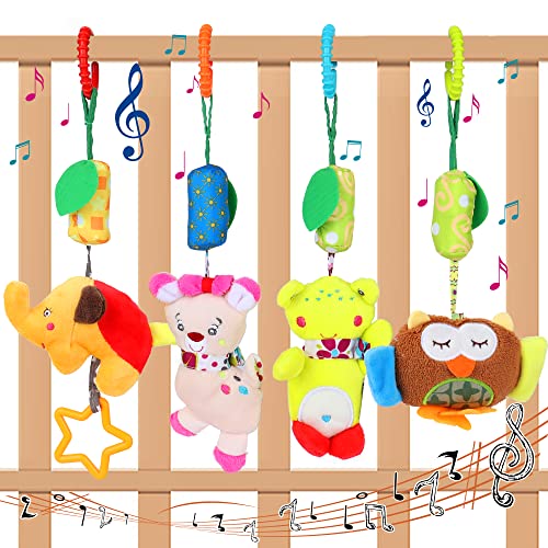 Baby Pram Pushchair Toys 4pcs Plush Animal Wind Chime Hanging Rattles for Infant Bed Crib Newborn Sensory Educational Toy for Babies Boys and Girls from 0 to 12 Months