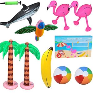 10PCS Inflatable Palm Tree Inflatable Flamingo Beach Ball Banana Flying Parrot Inflatable Shark with Air Pump for Hawaiian Party Decor Summer Pool Party Decoration Luau Beach Toy Supplies Backdrop