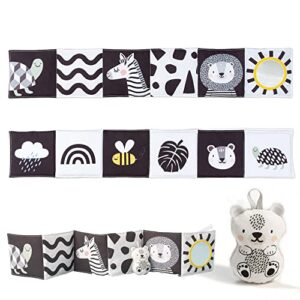 Taf Toys Savannah Black and White 3 in 1 Newborn Baby Pram Book. High Contrast Sensory Soft Double-sided Tummy Time Book with Lion Cub Toy & Baby-safe Mirror. Gift Suitable for Boys & Girls from Birth