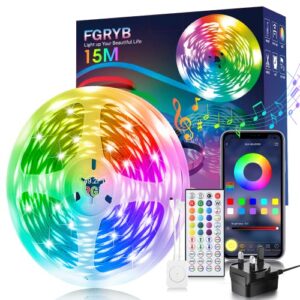FGRYB Led Strip Light 15m Music Sync RGB Colour Changing Led Lights for Bedroom with Bluetooth App & Remote Control Flexible Lighting for Home Rome Ceiling Decoratio