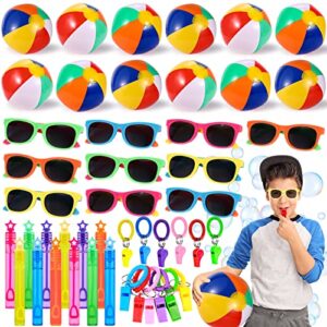 Mishopy 48pcs Pool Party Bag Fillers for Kids Beach Party Favours with Inflatable Beach Ball Bubble Wands Sunglasses Coiled Bracelet Whistle Assorted Bulk Birthday Game Toys Summer Pool Party Supplies