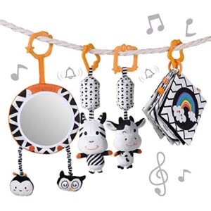 Baby Hanging Toys Gift Set Mirror Black and White Plush Rattles Rings and Crinkle Cloth Book for Pram Car Seat Activity Stroller Hanging Toy for 3 6 9 12 Months Newborn Boys Girls Kids