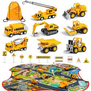 LOYO Construction Vehicles Toys with Play Mat – 8 Mini Alloy Engineering Trucks Toys