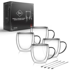 LIBWYS 4 Pack Double Walled Glass Coffee Mugs with 4 Spoons