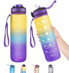 Water Bottle 1000ml Sports Water Bottle 1 Litre with Motivational Time Marker & Straw